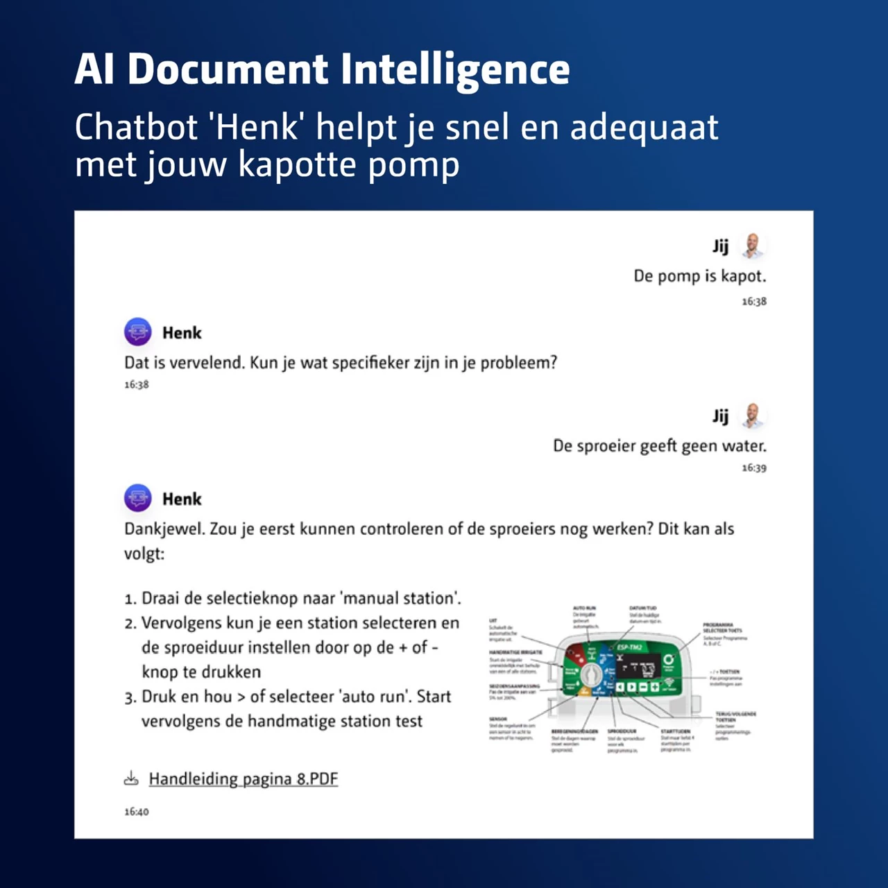 Chatbot Henk helpt met een kapotte pomp